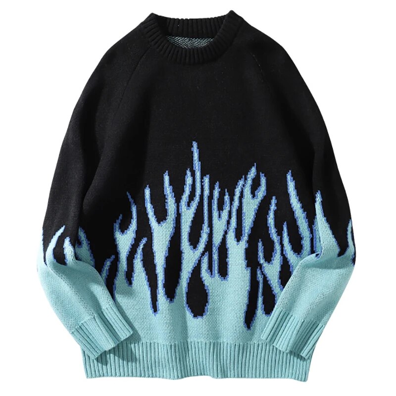 knitted oversize streetwear sweater with blue flames